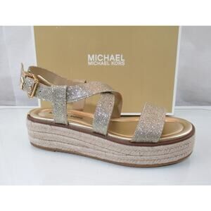 Michael Kors Lynn Espadrille Platform Wedge Sandals MK Logo Pale Gold Size 7